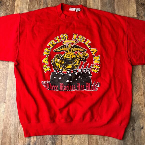 Vintage 90s US Marines Corps Sweatshirt Men's XL Red Parris Island Athletic 5580 - Picture 3 of 9